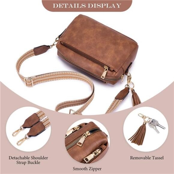 Triple Zip Small Crossbody Bag for women, Brown - Picture 6 of 6